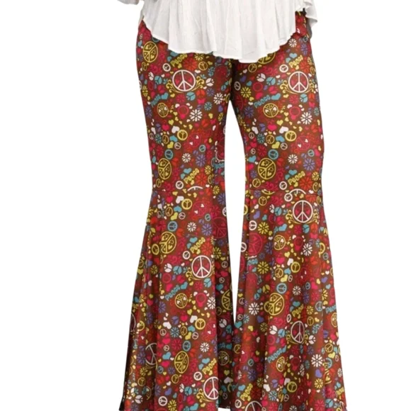 2 Pair Bell Bottom Hippie Pants Women's Floral And Peach Sign Flare Pants - Picture 2 of 11